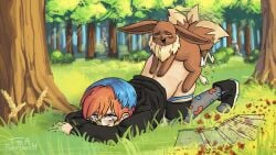 absurd_res blush bodily_fluids brown_body brown_fur clothed clothing cum detailed_background digital_media_(artwork) duo eevee eeveelution eyewear female female_penetrated feral feral_on_female fur generation_1_pokemon genital_fluids glasses hair hi_res human male male/female male_eevee male_penetrating male_penetrating_female mammal nintendo open_mouth penetration penny_(pokemon) pokemon pokemon_(species) pokephilia pussy sex smile tea_patriarch vaginal_penetration