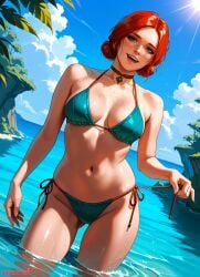 ai_generated bathing breasts bubbleteexl cd_projekt_red female freckles light-skinned_female looking_at_viewer mascara necklace red_hair sea smiling solo solo_female swimsuit the_witcher_(series) the_witcher_3:_wild_hunt triss_merigold wet_body