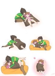 1boy barefoot bete_noire betty_noire brown_hair brown_pants chara closed_eyes couch female glitchtale green_shirt male not_paint panties pillow pink_hair pink_panties red_eyes repost short_hair white_background white_pillow yellow_shirt