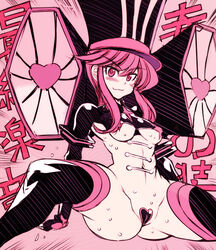 armor blush censored eyebrows_visible_through_hair fat_ass female hat heart jakuzure_nonon japanese_text karateka_(baromaru) kill_la_kill pink_eyes pink_hair solo spread_legs sweat