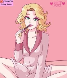bed blonde_female blonde_hair blonde_hair_female breast breasts cindy_toons coat coat_only curly_hair fantastic_beasts fantastic_beasts_and_where_to_find_them green_eyes harry_potter harry_potter_(series) legs makeup open_legs pink_coat pink_lips pink_lipstick pink_makeup queenie_goldstein short_hair sucking sucking_wand tongue tongue_out wand witch witch_(harry_potter) wizarding_world
