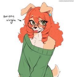 1girls absurd_res anthro anthrofied autistic_female blush breasts brown_body brown_fur brown_skin canid canine canis cute dialogue digital_media_(artwork) domestic domestic_dog english_text eyebrows eyebrows_visible_through_hair eyelashes female female_focus female_only freckles fur furry fursona ginger ginger_hair glasses green_eyes head hi_res kuru_(kuru_tyan) kuru_tyan looking_at_viewer mammal orange_hair red_hair small_breasts solo sweater virgin