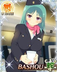 bashou_(senran_kagura) blush bow breasts card_(medium) conductor_uniform green_hair purple_eyes senran_kagura short_hair yaegashi_nan