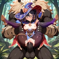1boy ai_generated armpits arms_behind_head arms_up balls black_hair black_skin blue_capelet blue_headwear blue_leotard blush bodystocking breasts breasts_out cape capelet choker clenched_teeth clothed_female_nude_male clothed_sex clothing_aside colored_skin crescent_hat_ornament dark-skinned_male dark_skin day earrings elbow_gloves erection female folded forest genshin_impact gloves gold_trim gradient_legwear green_eyes hat hat_ornament high_heels highleg highleg_leotard hilichurl_(genshin_impact) hilichurls_(species) horns interspecies jewelry large_penis leg_grab legs_up leotard leotard_aside long_hair looking_down male medium_breasts mona_(genshin_impact) monster muscular muscular_male nature nipples nude outdoors pantyhose penis purple_leotard pussy pussy_juice rape reverse_suspended_congress sex sex_from_behind size_difference solo_focus sparkle_print spread_legs standing star_(symbol) star_earrings straight teeth testicles thighlet thighs torn_clothes torn_leotard torn_pantyhose tree twintails uncensored vaginal_penetration wide-eyed witch_hat