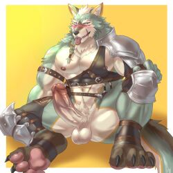 1:1 abs anthro armor balls big_penis black_nose blush braided_hair canid canine canis claws erection facial_scar fangs fantasy fur genitals green_body green_fur hair heterochromia humanoid_genitalia kemono looking_at_viewer male mammal melee_weapon midriff mostly_nude multicolored_body multicolored_fur muscular muscular_anthro muscular_male nipples pawpads paws pecs penis rorik_(rossciaco) scar scars_all_over simple_background sitting solo spread_legs spreading sword teeth toe_claws tongue tongue_out weapon weedwolf weedwolfeatmeat white_body white_fur wolf