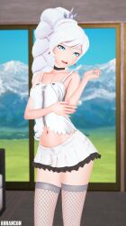 1girls arrancon blue_eyes clothed_female female fishnet_legwear long_hair long_hair_female ponytail rwby scar_across_eye skirt solo_female weiss_schnee white_hair white_hair_female