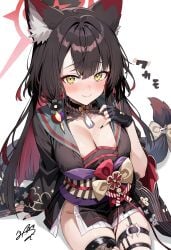 :> areola_slip blue_archive blush character_name cleavage dutch_angle from_above japanese_text large_breasts looking_at_viewer naughty_face seven_prisoners_(blue_archive) signature sitting smile text wakamo_(blue_archive)
