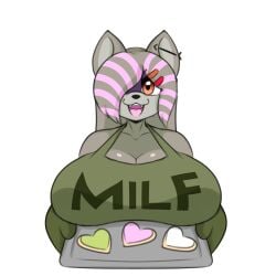anthro apron baking_tray big_breasts breasts cookies daria_(cringebird) earring female furry highlights_(coloring) iamkat95 nonbinary oven_mitts raccoon tagme ych_result