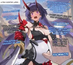 1boy 1girls ai_generated angry armor crying embarrassed female henrik_n holding_katana holding_object holding_weapon honkai_(series) honkai_impact_3rd horns japanese_clothes katana large_breasts male open_mouth pov pov_hands pregnant purple_eyes purple_hair raiden_mei raiden_mei_(herrscher_of_thunder) red_horns sweat swirly_eyes tears unwanted_impregnation unwanted_pregnancy wavy_mouth
