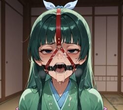 ai_generated blue_eyes cum_on_face drooling gag gagged green_hair indoors kimono long_hair maomao_(kusuriya_no_hitorigoto) semen