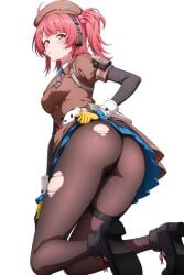 ass beret blush boots breasts candy cheeta_(girls'_frontline_2) clothes_lift dress female food from_behind girls'_frontline girls'_frontline_2:_exilium gloves green_eyes hat highres kneeling lollipop long_hair looking_at_viewer military_uniform miniskirt mouth_hold mp7_(girls'_frontline) pantyhose pink_hair raygun19 side_ponytail sideboob skirt skirt_hold skirt_lift solo