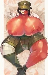 angry blush bob_cut body_pillow_design ena ena_(dream_bbq) ena_(series) huge_breasts inverted_nipples shirt_open unbottoned_shirt upset wtgn_grim