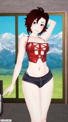 1girls arrancon black_hair black_hair_female breasts clothed_female female hand_behind_head nipples no_bra ruby_rose rwby short_shorts silver_eyes solo_female