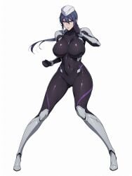 ai_generated bewitching_thighs dark_blue_hair full_body hitsugi_sayo large_breasts nurse_cap purple_eyes shu skin_tight skinsuit triage_x