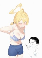 1girls ahoge antenna_hair arm_behind_back arms_behind_back bare_arms bare_belly bare_chest bare_legs bare_midriff bare_navel bare_shoulders bare_skin belly belly_button big_breasts blonde_eyebrows blonde_female blonde_hair blonde_hair blonde_hair_female blue_archive blue_bra blue_shorts blue_underwear blush blush_face blush_lines blushing_at_viewer blushing_female bra breasts busty busty_female busty_girl busty_teen character_request cleavage closed_eyes collarbone elbows embarrassed embarrassed_expression embarrassed_female exposed_arms exposed_belly exposed_chest exposed_legs exposed_midriff exposed_navel exposed_shoulders exposed_skin female female_focus groin hair_between_eyes half_naked half_nude halo hand_behind_back hands_behind_back high_resolution highres huge_breasts large_breasts lean_figure legs_closed legs_together midriff naked naked_female naked_woman narrow_waist navel nude nude_female nudity rikuhito_juusan sagging_breasts semi_nude shorts shoulders simple_background slender_body slender_waist slim_waist standing thick_thighs thighs underwear upper_body white_background yellow_halo