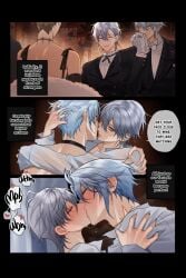 2boys blue_hair blush caelus_(honkai:_star_rail) colored dominant_male english_text gay gray_hair honkai:_star_rail kissing lie light_skin male male/male male_only moaning moaning_in_pleasure only_male pcrow pcrow_(twitter) phainon_(honkai:_star_rail) serious_look smile submissive_male yaoi yellow_eyes