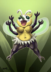 1girls 2_toes 3_fingers 4_arms anthro anthrofied bee black_skin cutiefly female female_focus female_only fur furry green_background green_sclera insect j_hughes long_nose multi_arm multi_limb navel nintendo nipples open_mouth open_smile pink_areola pink_nipples pokemon pokemon_(species) pokemon_sm pussy simple_background smile thick_thighs toes video_games white_eyes white_fur wide_hips yellow_skin