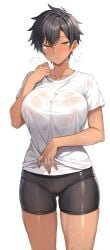 bike_shorts black_hair black_shorts breasts breath collarbone covered_erect_nipples female gluteal_fold large_breasts original ranhatu shirt short_hair short_sleeves shorts solo sweat sweaty_clothes tan tomboy white_background white_shirt yellow_eyes