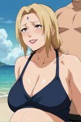 ai_generated beach blonde_hair breasts brown_eyes cleavage day facial_mark female forehead_mark large_breasts lips naruto outdoors smile swimsuit tsunade