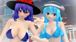 2023 2girls 3d afternoon bikini bikini_top blue_bikini_top blue_hair_female breasts cleavage clouds cyan_bikini cyan_hair_female duo_female female female_only flowers garden hat hati_yukkuri_mmd headwear iku_nagae jpeg long_hair_female looking_at_viewer looking_away mmd open_mouth outdoors red_eyes short_hair_female shy sky swimsuit tenshi_hinanawi touhou