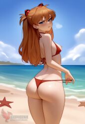 1girls 2d ai_generated areolae ass asuka_langley_sohryu back bare_shoulders beach big_ass bikini bikini_pull bikini_top blue_eyes day erophoenix female female_focus full_body long_hair looking_at_viewer neon_genesis_evangelion ocean orange_hair outdoors pale_skin pale_skinned_female patreon_username red_bikini sky small_breasts solo swimsuit thick thick_thighs uncensored