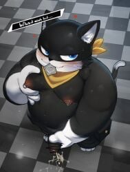 anthro belly black_body black_fur blue_eyes blush bodily_fluids condom condom_in_mouth cum domestic_cat dorobo_39 erection felid feline felis foreskin fur genital_fluids genitals hi_res high-angle_view male male_only mammal masturbation moobs morgana_(persona) mouth_hold navel nipple_piercing nipples nude object_in_mouth overweight penis persona_(series) persona_5 piercing sexual_barrier_device solo uncircumcised