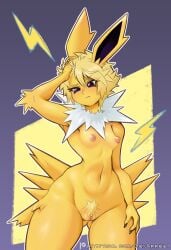 angry areola blonde_hair breasts clitoral_hood clitoris dex_appeal eeveelution erect_nipples female fur generation_1_pokemon genitals hair hand_in_hair hi_res humanoid jolteon lightning_bolt mammal mane nintendo nipples nude pokemon pokemon_(species) pokemon_only pokemorph pubes purple_eyes pussy small_breasts solo touching_hair white_body white_fur yellow_body yellow_fur