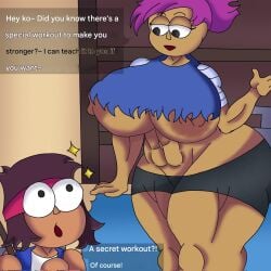 1boy1girl abraham_mega black_shorts blue_shirt enid enid_(ok_k.o.!_lbh) excited_face excited_male female flirting k.o._(ok_k.o.!_let's_be_heroes) large_ass large_breasts male male/female muscular muscular_female muscular_thighs ok_k.o.!_let's_be_heroes purple_hair smaller_male taller_girl