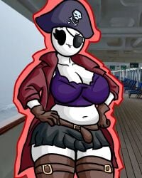 bald_female belly_button belt black_dress black_eyes breasts chetoh chubby chubby_female claire_(chetoh) cleavage coat dress egg eyepatch female female_focus female_only hand_on_hip oc open_mouth original original_character photo_background pirate_hat pirate_outfit purple_topwear red_coat skull stockings white_body