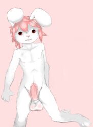 1boy 2012 balls hair hexxy lagomorph male male_only mammal navel nipples penis pink_hair rabbit red_eyes solo young