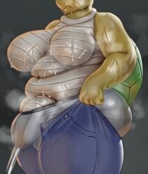 absurd_res anthro bodily_fluids bottomwear boxers_(clothing) bulge clothing denim denim_bottomwear denim_clothing futanari genital_fluids gynomorph hi_res intersex jeans koopa koopa_troopa mario_bros musk musk_clouds nintendo pants perotoart precum precum_through_clothing precum_through_underwear scalie slightly_chubby solo stuck sweat underwear wet wet_clothing