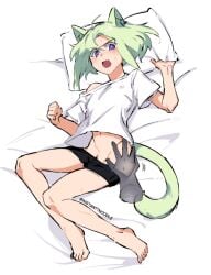 androgynous anon bed cat_ears cat_tail catboy clothing embarrassed femboy grabbing_pillow instanttnoodle lio_fotia pov promare