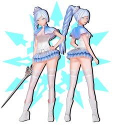 1girls arrancon blue_eyes clothed_female female hand_on_hip myrtenaster panties ponytail rapier rwby scar_across_eye skirt solo_female sword weapon weiss_schnee white_hair white_hair_female
