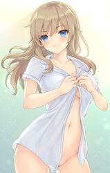 :3 bangs blue_eyes blue_shirt blush breasts cleavage closed_mouth collarbone collared_shirt contrapposto cowboy_shot dressing eyebrows_visible_through_hair female gradient gradient_background groin head_tilt highres light_brown_hair long_hair looking_at_viewer mashu_003 medium_breasts naked_shirt navel original partially_visible_vulva pussy_juice pussy_juice_trail shiny shiny_skin shirt short_sleeves smile solo standing stomach unbuttoned unbuttoned_shirt wing_collar