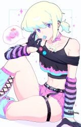 androgynous crossdressing femboy lio_fotia lolipop looking_at_viewer oyasaiiis pink_shorts ponytail promare shorts thick_thighs twink