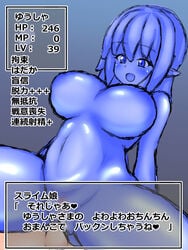 1boy 1girls female femdom gameplay_mechanics level_drain monster_girl niryuutkys sex slime slime_girl text translation_request vaginal_penetration