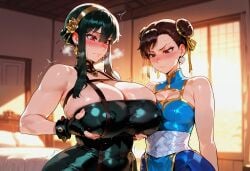 2girls absurd_res ai_generated alternate_breast_size anime bare_shoulders bedroom black_dress blue_dress blurry blurry_background breast_expansion brown_eyes bursting_breasts chun-li cleavage comfyui covered_nipples depth_of_field dim_lighting earrings embarrassed evening fingerless_gloves flat_ass flat_chest gigantic_breasts grabbing_own_breast hair_flower hairband heavy_breathing highres huge_breasts indoors jealous looking_at_another mappa mature_female milf motion_lines multiple_girls open_mouth red_eyes shiny_skin sideboob skindentation spy_x_family stable_diffusion steam steaming_body street_fighter sunset sweat taller_female taut_clothes thorn_princess torn_clothes trembling undersized_clothes wide_hips wrist_cuffs xenomon yor_briar yor_forger