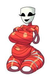 female female_only gangle_(the_amazing_digital_circus) ghostec gooseworx happy happy_mask humanoid kneeling mask masked masked_female pregnant red_body ribbon ribbons ribbons_(anatomy) signature simple_background solo solo_female tadc the_amazing_digital_circus white_background white_face