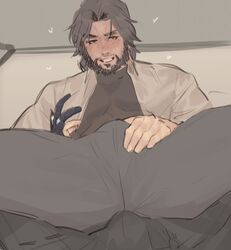 2boys blush bulge cole_cassidy crotch facial_hair francishsie invitation looking_at_viewer male_only multiple_boys naughty_face overwatch sitting_on_person teeth yaoi