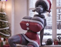 2020s 2024 ai_generated anthro big_breasts black_fur breasts christmas covered_nipples dark_skin elderly_female female female_anthro female_focus female_only furry gilf huge_breasts hyper hyper_breasts illumination_entertainment looking_at_viewer matronai_(artist) mature mature_female nana_noodleman old older_female sagging_breasts santa_dress sheep sing_(movie) skindentation smile veiny_breasts wool_(fur)