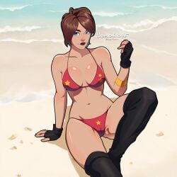 1girls beach bikini blue_eyes breasts brown_hair cleavage female female_only fingerless_gloves fortnite fortnite:_battle_royale lipstick looking_at_viewer solo solo_female superaxlart tagme tntina