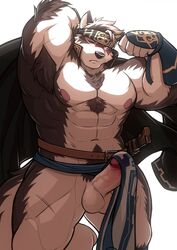 5_fingers abs armpit_hair armpits balls belt biceps big_muscles black_nose body_hair canine cape chest_hair chest_tuft clothing countershade_face countershade_torso drks erection erection_under_clothes flexing fluffy fluffy_tail fur glans grey_fur hair hand_behind_head hi_res horkeukamui humanoid_hands humanoid_penis loincloth male male_only mammal manly multicolored_fur multicolored_hair muscular muscular_male nipples nude one_eye_closed pecs penis pink_nipples pubes simple_background solo standing tokyo_afterschool_summoners triceps tuft two_tone_fur two_tone_hair vein veiny_penis white_background white_balls white_countershading white_fur wolf yellow_eyes