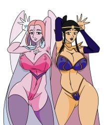 absurd_res big_breasts black_hair blue_bikini breasts_bigger_than_head cameltoe cape castaspella nipples_visible_through_clothing pink_hair pink_leotard puffy_pussy purple_hair queen_angella she-ra_and_the_princesses_of_power thathornybastard two_tone_hair voluptuous voluptuous_female white_background white_gloves