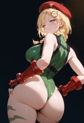 1girls ai_generated ass beret big_ass big_breasts blonde_hair blue_eyes blush breasts cammy_white_(cosplay) cosplay female green_leotard highleg_leotard hololive hololive_english leotard looking_at_viewer looking_back markmuligan red_beret sideboob simple_background solo standing thick_thighs thighs virtual_youtuber watson_amelia