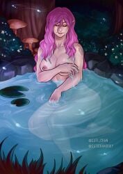 1girls barefoot character_request closed_eyes completely_nude completely_nude_female copyright_request female female_only full_body long_hair naked naked_female notcuti nude nude_female pink_hair pond smile solo solo_female