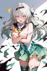 ai_generated breasts breasts_out covering_breasts exploding_clothes firefly_(honkai:_star_rail) honkai:_star_rail large_breasts open_mouth surprised thighhighs torn_clothes white_hair