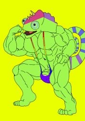 1boy 1male almost_naked anthro anthro_on_anthro bara biceps big_blue_bubble blue_sclera buff bulge bulge_through_clothing bulge_through_swimsuit bulge_through_underwear bulge_under_clothes bulge_under_swimsuit chameleon chameleon_humanoid chameleon_tail color colored colored_mankini colored_skin colored_tail ethereal ethereal_island ethereal_monster flex flexing flexing_arm flexing_muscles gay green_body green_skin kazilleon kazilleon_(my_singing_monsters) lime_background lizard mankini msm muscular muscular_male my_singing_monsters my_singing_monsters:_dawn_of_fire pecs penis purple_eyes purple_pupils sexuality_mankini sexy smiling thong traced traced_art yellow_background