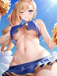 amagaeru bangs bare_shoulders blonde_hair blue_eyes blue_sky blush breasts cheerleader cloud covered_nipples crop_top crop_top_overhang day female from_below holding holding_pom_poms large_breasts long_hair looking_at_viewer navel non-web_source one_eye_closed original pom_pom_(cheerleading) resized self-upload skirt sky smile solo udon_noodle_mix underboob upscaled