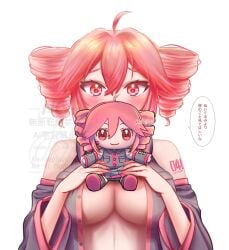 1girls 2d 2d_(artwork) alternate_version_available big_breasts blush breasts cleavage detached_sleeves female female_only japanese_text kasane_teto large_breasts mimikku plushie red_eyes red_hair solo twin_drills utau