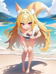 1girl ai_generated barefoot beach bent_forward bent_over blonde_hair denim denim_shorts down_blouse female flashing flashing_breasts fox_ears fox_girl fox_tail hands_on_knee hanging_breasts inner_ear_fluff long_hair looking_at_viewer navel nipples no_bra ocean oerba_yun_fang red_eyes seductive_smile shirt_pull short_shorts small_breasts solo white_shirt zorkpics